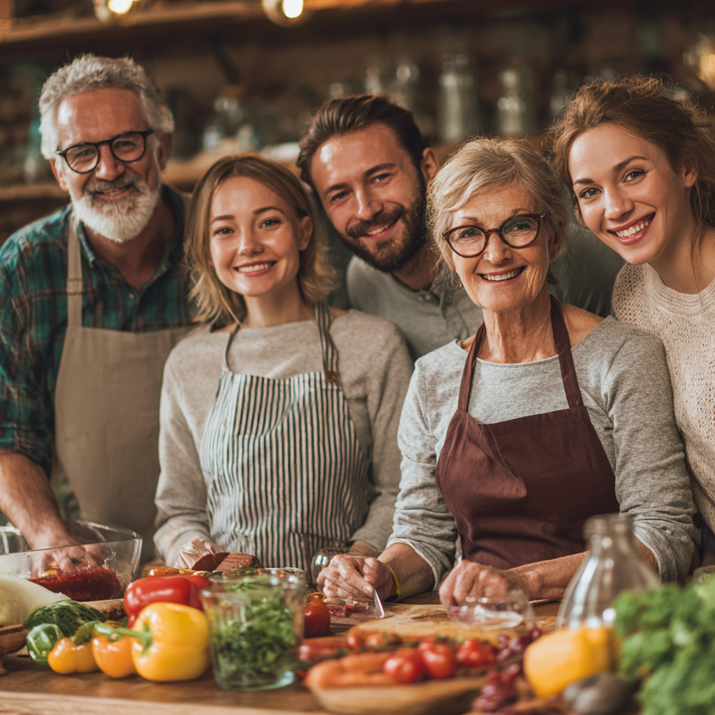 Smiling middle-aged Ukrainian woman holding a colorful plate of nutritious vegetables and grains, representing healthy meal planning