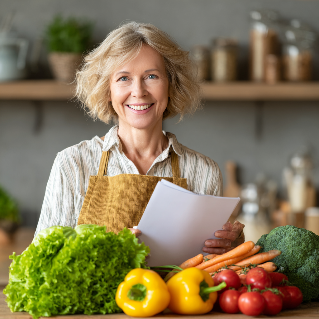 Happy elderly Ukrainian man preparing a balanced meal in a modern kitchen, showcasing portion control and healthy eating habits